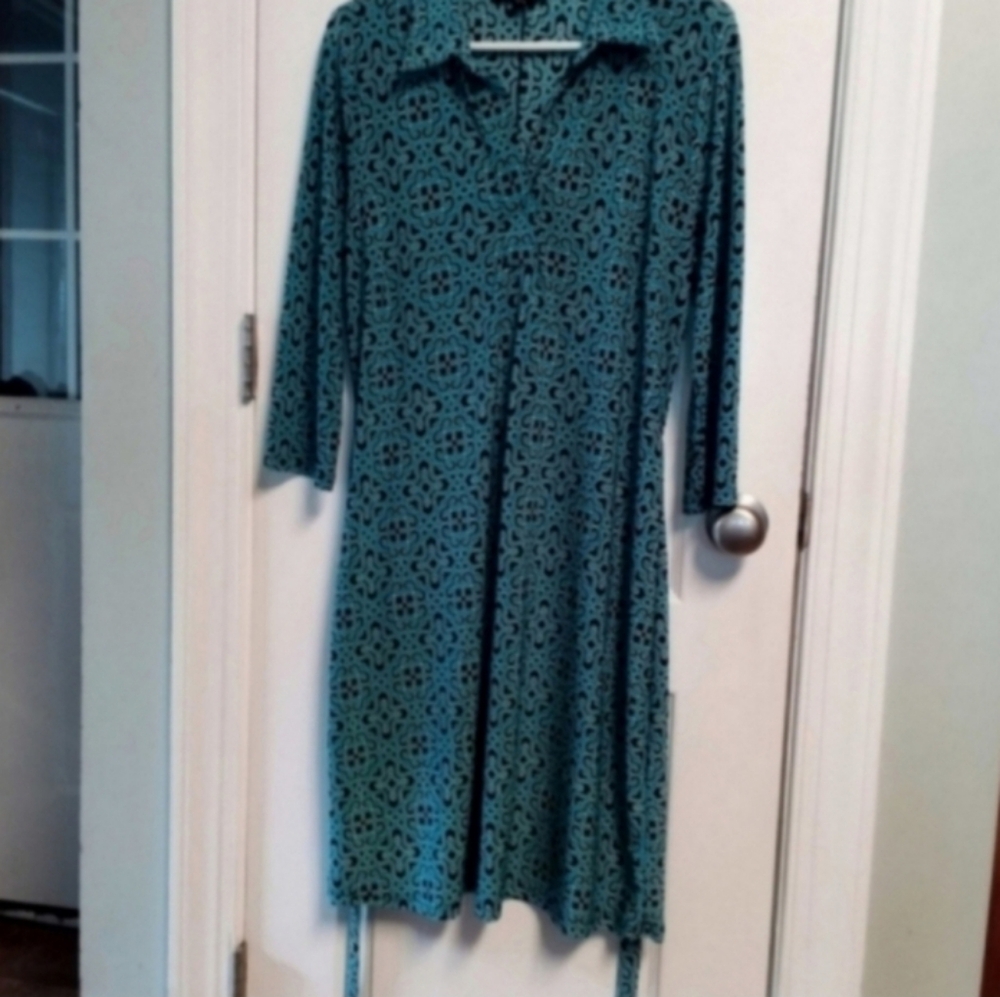 Mlle Gabrielle Women's L Dress Black Turquoise 3/4 Sleeve Collar Dress Office